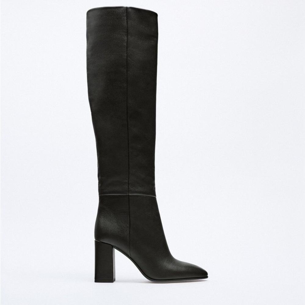 Zara Black Leather Over the Knee Boots with Pointed Toe